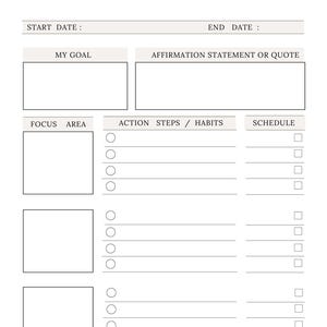 Peut inclure: Un mod&egrave;le de plan d'action d'objectif blanc avec du texte noir. Il comprend des sections pour les dates de d&eacute;but et de fin, un objectif, une affirmation, des domaines de concentration, des &eacute;tapes avec des cases &agrave; cocher circulaires.