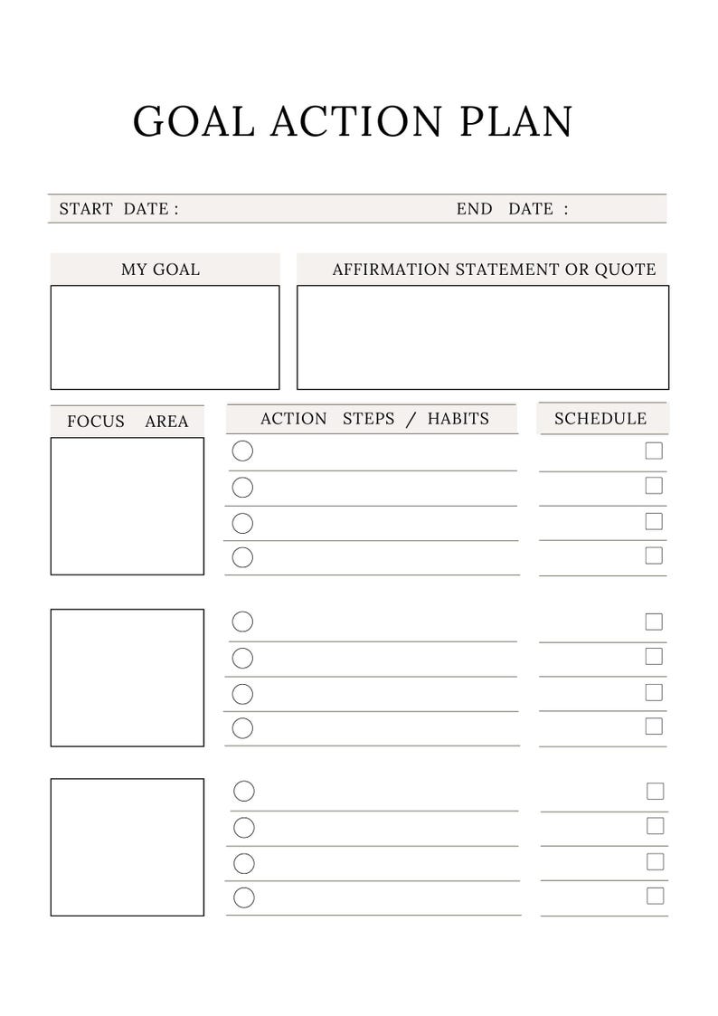 Peut inclure: Un mod&egrave;le de plan d'action d'objectif blanc avec du texte noir. Il comprend des sections pour les dates de d&eacute;but et de fin, un objectif, une affirmation, des domaines de concentration, des &eacute;tapes avec des cases &agrave; cocher circulaires.