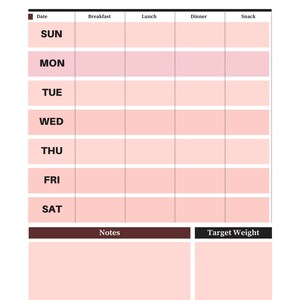 May include: A weekly food tracker planner page with a pink and white colour scheme. The header displays months from Jan to Dec and the title Food Tracker. A grid lists days from Sun to Sat with columns for Breakfast, Lunch, Dinner, and Snack.