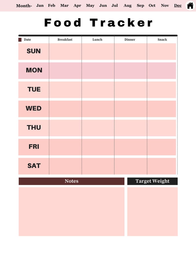 May include: A weekly food tracker planner page with a pink and white colour scheme. The header displays months from Jan to Dec and the title Food Tracker. A grid lists days from Sun to Sat with columns for Breakfast, Lunch, Dinner, and Snack.