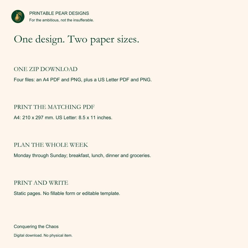May include: A digital download information sheet from Printable Pear Designs featuring dark green text on a light cream background. It details a weekly planner design available in A4 (210 x 297 mm) and US Letter (8.5 x 11 inches) sizes as PDF and PNG files.