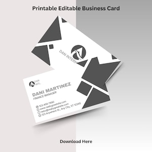 Black-and-white geometric business card mockup with sample name Dani Martinez, job title, logo and contact details on a gray background.