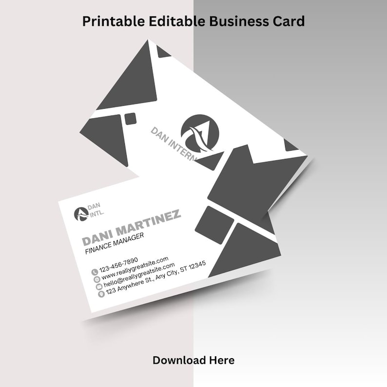 Black-and-white geometric business card mockup with sample name Dani Martinez, job title, logo and contact details on a gray background.