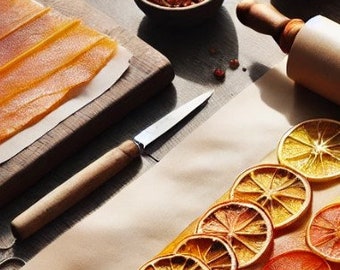 Könnte beinhalten: Nahaufnahme von getrockneten Orangenscheiben, die in einer Reihe auf Backpapier angeordnet sind. Die Scheiben haben eine leuchtend orange Farbe und sind leicht durchscheinend. Der Hintergrund ist eine rustikale Holzoberfläche.