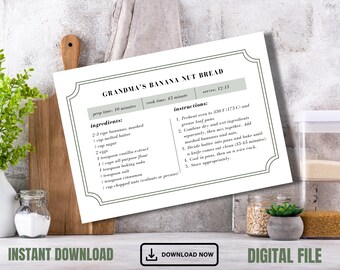 Minimalist Recipe Card Template: Printable Kitchen Design (Digital Download)