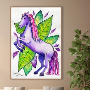 気まぐれな紫色の馬のアート - 水彩画と色鉛筆 - ファンタジー デジタルダウンロード - 自然にインスパイアされたイラスト