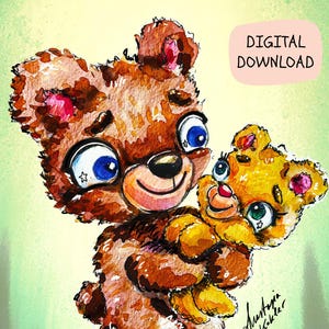 Carte de fête des pères numérique avec un adorable ours en peluche – Papa, tu es mon héros – Carte de vœux imprimable à télécharger
