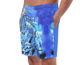 Recycled Swim Shorts with Roaring Tiger Artwork | Hand Painted Acrylic Design | Quick-Dry, UV50+, Inner Pocket, Eco Friendly, Special Dad