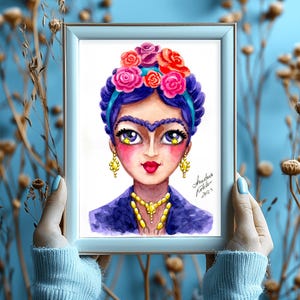 Illustrazione originale di Frida Kahlo dipinta a mano, regalo speciale per amanti dell'arte e della creatività, fiori rossi colorati, artista messicana