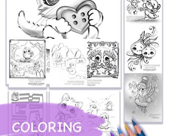 Può includere: Una raccolta di pagine di libri da colorare con adorabili animali e personaggi dei cartoni animati. Le pagine includono un gattino che tiene un cuore, pinguini e altre creature carine. La parola "COLORING" è visibile, insieme a diverse matite colorate.