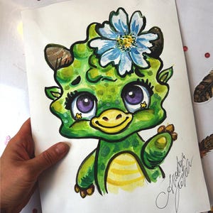 Original funny Kawaii watercolor baby girl dragon - A4 Wu Guanzhong style Chibi, perfect gift for mom, kids, dragon lover, birthday