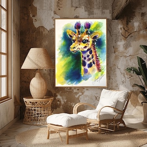 Giraffa originale dipinta a mano con acquerello - dipinto in stile Monet su carta da museo, regalo speciale per bambini e amanti degli animali