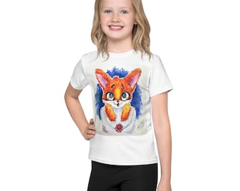 La mejor camiseta infantil de cuello redondo con diseño de zorro rojo en acuarela • Camiseta con estampado animal para niños • Camiseta suave y colorida