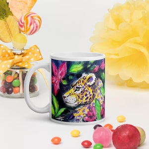 White glossy mug • Hand-Painted Cat Design Printed on Mug • Colorful Ceramic Coffee Cup • Microwave & Dishwasher Safe • Unique Art Gift