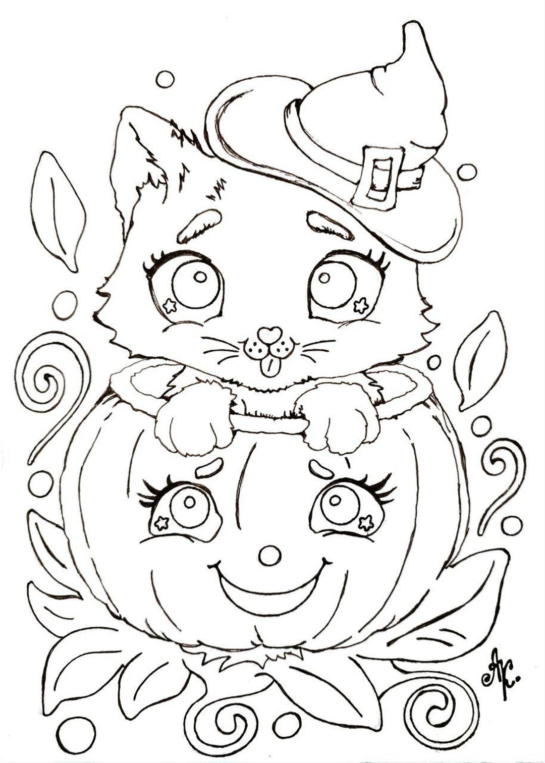 Coloring Page - Instant Download - Witch Kitten in Pumpkin Cute ...