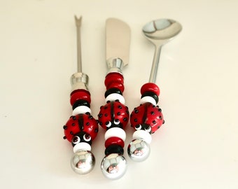 Ladybug Bead Canapé Set, Beaded Canapé Set, Cheese Board Utensils, Ladybug Canape Utensils, Ladybug Appetizer Utensils, Beaded Appetizer Set