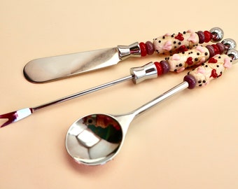 Beaded Canapé Set, Canapé Set, Jam Spoon, Olive Fork, Canapé Knife, Lampwork Beaded Utensils, Pink Heart Appetizer Utensils, Wedding Gift