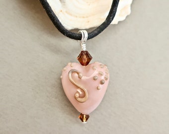 Pink Heart Necklace, Soft Pink Glass Heart Pendant, Lampwork Heart, Valentine's Day Jewelry, Heart Lover Gift, Sweet Heart Valentine Gift