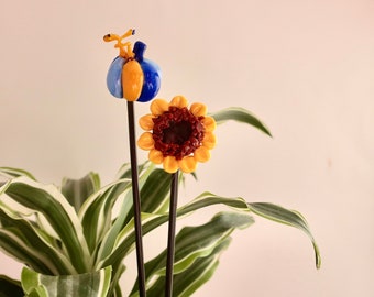 Pumpkin Indoor Plant Stakes, Sunflower Plant Decor, Yellow and Blue Pumpkin, Sunflower Planter Stake, Indoor Planter Decor, Pumpkin Figurine