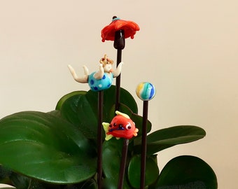 House Plant Stake. Woman Belly Flop Diving, Girl Diving, Mother's Day Gift, Indoor Plant Stake, Glass Beach Ball and Umbrella, Tropical Fish