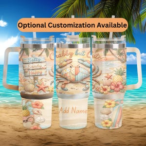 Beach "Crabby but Cute" Seamless Optional Customizable Wrap PNG, 40 oz tumbler sublimation. Patchwork Crab,shabby chic summer, faux quilt