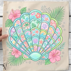 May include: A beige tote bag featuring a large, colorful seashell design. The seashell is filled with tropical patterns, including palm trees, starfish, and flowers. Pink hibiscus flowers and green leaves frame the seashell, creating a vibrant, summery aesthetic.