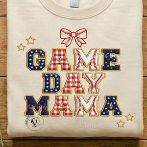 Patriotic Game Day Mama Shirt, Baseball Mama Chenille Patch Design, Coquette Bow Mama Tee, July 4 Mom, Embroidered Look Graphic, Sports Mom