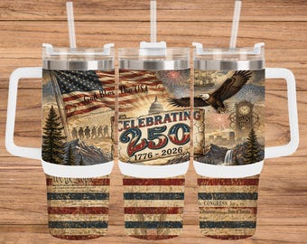 Patriotisk 250 Tumbler Wrap PNG, 40oz avsmalnande smal tumblerdesign, 1776–2026 amerikansk årsdag, vintage USA flagga örn sublimeringswrap