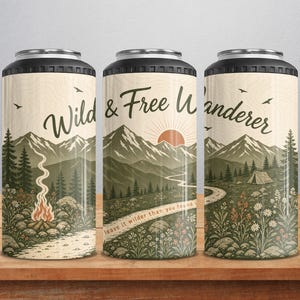 Wildflower Wanderer blikjeskoeler PNG | Boho Mountain Camping sublimatiefolie | Eco Nature 4-in-1 ontwerp downloaden