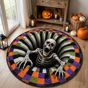 May include: A round rug featuring a 3D optical illusion of a deep hole with a skeleton emerging from the centre. The rug has a checkered border in orange, purple, green, and black, with a spiralling tunnel design leading into the dark abyss.