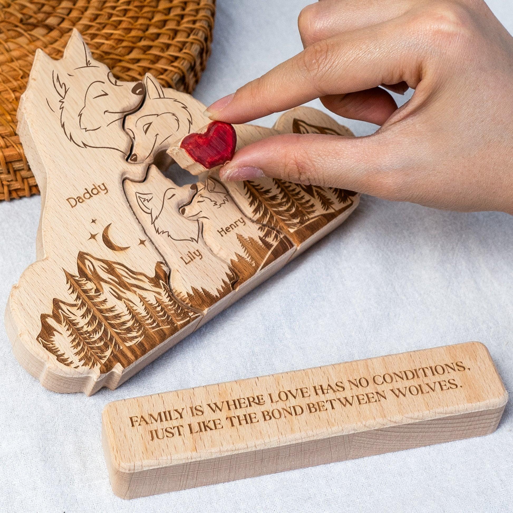 Personalized Wooden Wolf Family Puzzle: Rustic Custom Name Decor