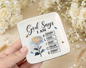 Personalized Christian Ceramic Jewelry Dish, Floral Bible Verse, Religious Gift