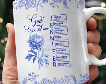 Tazza personalizzata "Dio dice che io sono": regalo cristiano floreale blu