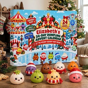 Op de afbeelding: Een rechthoekige adventskalenderdoos met de titel Elizabeth's 24-Day Dumpling Advent Calendar en een kleurrijke winterse kermisillustratie. Verschillende kleine, ronde, lachende knoedelvormige squishy speeltjes staan ervoor.