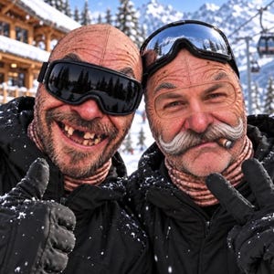 May include: Two individuals wearing skin-toned balaclavas, black ski goggles, and black winter jackets. One individual has a prominent handlebar moustache and a cigar in their mouth, while the other has visible missing teeth. Both wear black gloves.