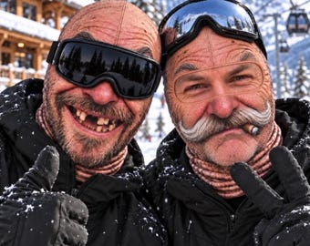 Op de afbeelding: Twee personen met huidkleurige bivakmutsen, zwarte skibrillen en zwarte winterjassen. De ene persoon heeft een opvallende snor en een sigaar in de mond, terwijl de andere zichtbare ontbrekende tanden heeft. Beiden dragen zwarte handschoenen.