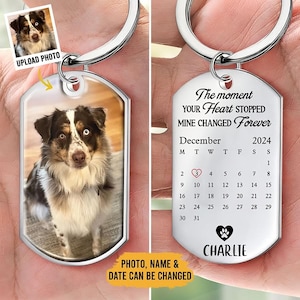 May include: A personalized dog memorial keychain with a photo of a dog on one side and a calendar with a heart on December 3, 2024, and the name "Charlie" on the other. The text reads "The moment YOUR Heart STOPPED MINE CHANGED Forever."