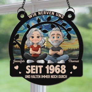 May include: A black decorative sign with a couple illustration, the text "WIR NERVEN UNS" at the top, and "SEIT 1968" at the bottom. The background features a starry night design. The names "Jennifer" and "Thomas" are also included.
