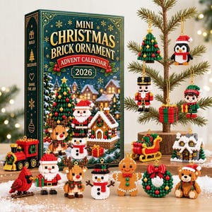 May include: A Mini Christmas Brick Ornament Advent Calendar 2026 box set featuring various buildable holiday figures like Santa, a snowman, a reindeer, a gingerbread man, a train, and ornaments hanging on a small artificial tree.