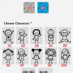 May include: Image with options to choose a background color and character. Background color options include purple, pink, white, red, and black. Character options include stick figures of children and pets.