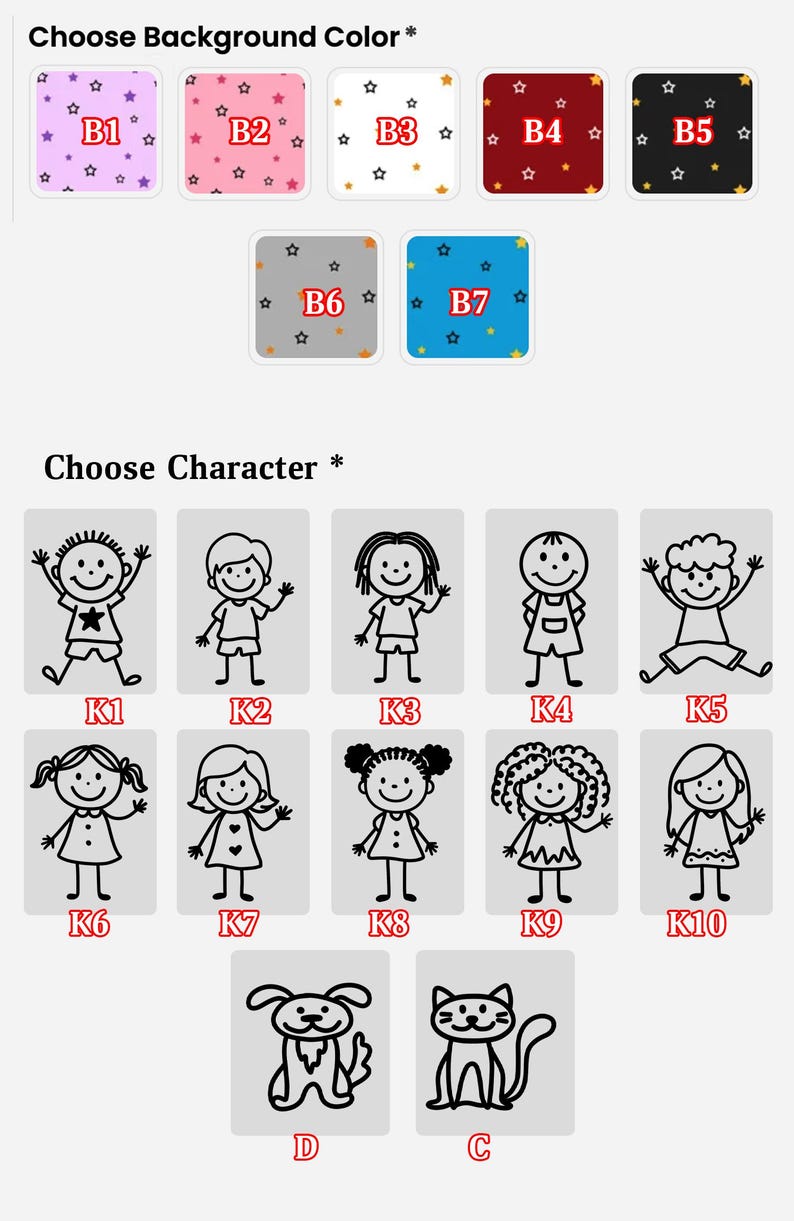 May include: Image with options to choose a background color and character. Background color options include purple, pink, white, red, and black. Character options include stick figures of children and pets.
