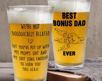 Personalized Bonus Dad Beer Glass, Funny Step Dad Gift, Father's Day Gift for Stepfather, Custom Pint Glass From Kids, Best Bonus Dad Ever