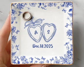 Personalized Ceramic Couple Ring Dish, Toile De Jouy Design, Wedding Keepsake