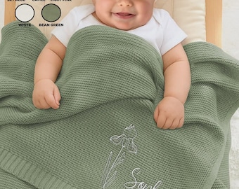 Personalized Embroidered Baby Blanket, Knitted Cotton Keepsake