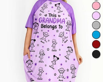 Grandma Nightgown Custom Kids Names, Personalized Mimi Sleep Shirt, Family Night Dress