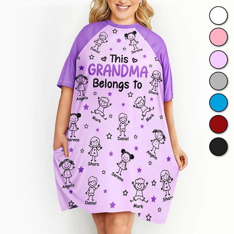 May include: A lilac-colored nightgown with short sleeves and a round neck. The nightgown features the text "This Grandma Belongs to" with names and star graphics. The sleeves are a darker purple color.