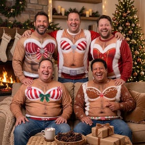 May include: Five long-sleeve crewneck sweatshirts featuring a realistic print of a hairy torso wearing a festive holiday-themed bikini top. The designs include red and white stripes, red fabric with white trim, and gingerbread patterns with bows.