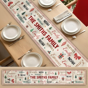 May include: A cream-colored table runner featuring a repeating pattern of the names Sophia, Noah, Emma, and William, along with the text THE SMITHS FAMILY in red. The design includes small Christmas trees, gift boxes, bows, and holly icons.