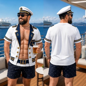 May include: A white and navy blue sailor-themed shirt featuring gold anchor buttons, gold trim on the sleeves, and a matching navy blue belt with a gold anchor buckle. The shirt has a deep V-neck opening and a small pocket with an anchor emblem.