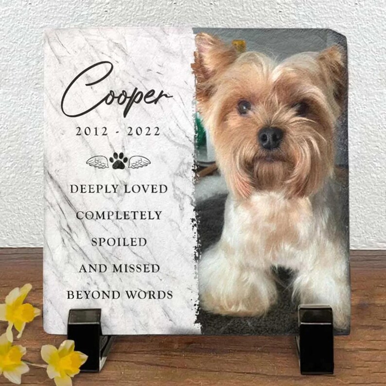 May include: A white marble memorial plaque with a black and white photo of a Yorkshire Terrier. The plaque reads "Cooper 2012 - 2022" and includes the text "Deeply Loved, Completely Spoiled, And Missed Beyond Words".